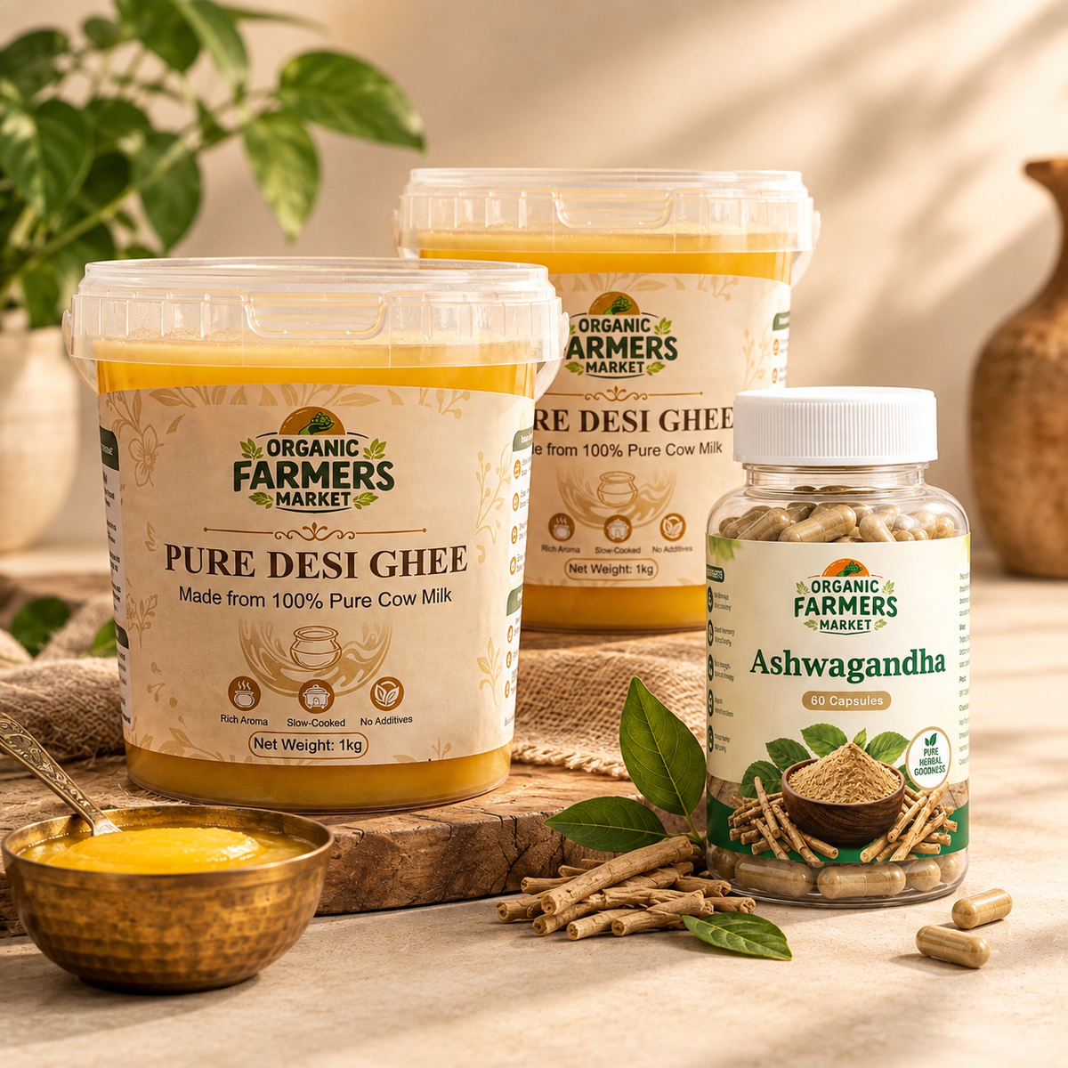 Pure Cow Desi Ghee 2kg + Ashwagandha Capsules (60 Count) Bundle