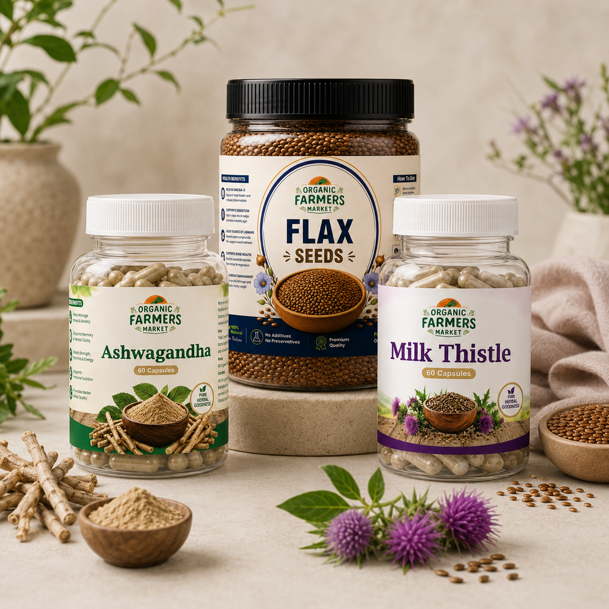 Stress & Calm Bundle - Ashwagandha, Milk Thistle & Flax Seeds